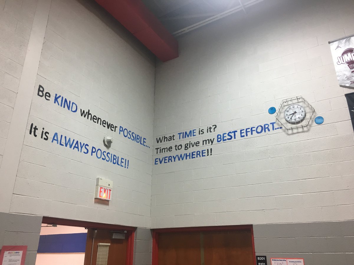 MeadowGlens's tweet photo. The paint is dry! Mr. Benyo hand-painted these inspiring and encouraging messages on the gym walls. #empower203 @Naperville203 https://t.co/WWBv3kDzJa