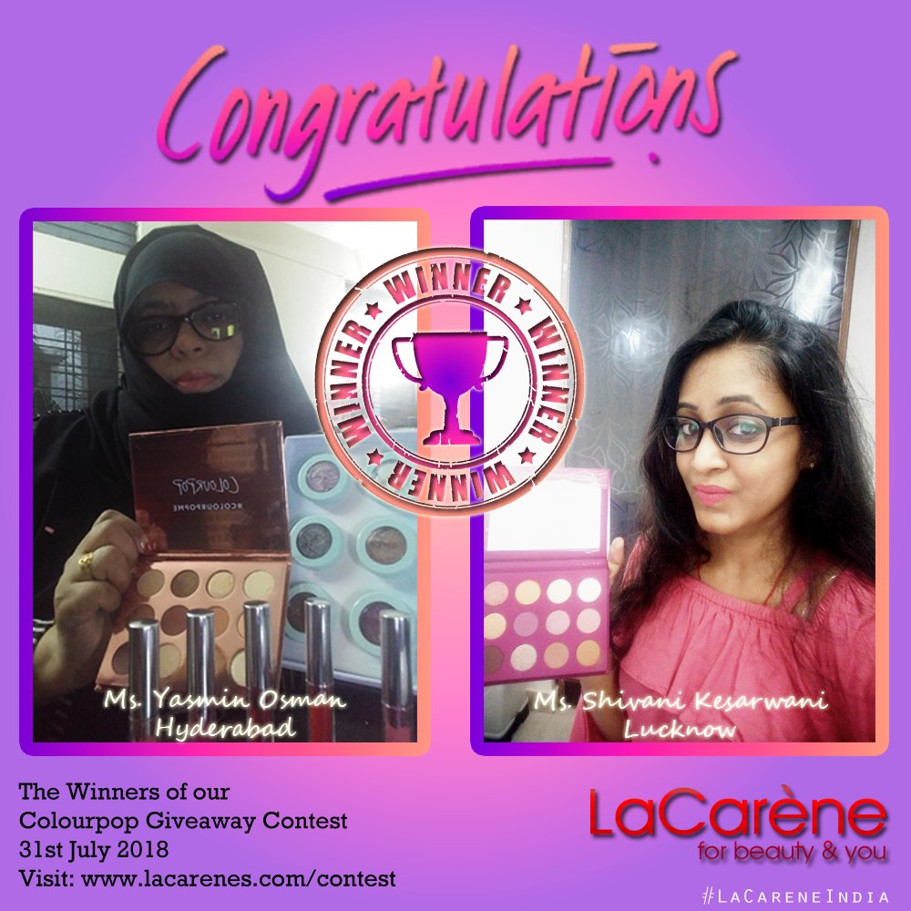 LaCareneIndia's tweet photo. CONGRATULATIONS TO THE WINNERS OF OUR GIVEAWYAY CONTEST
#LaCareneGiveawayContest,#Giveaway,#BeautyGiveaway,#Contest,#BeautyContest,#MakeupContest,#Win,#WinMakeup,#FreeMakeup,#MakeupGiveaway,#ColourPopCosmetics,#LuxuryCosmetics,#BeautyIndia,#MakeupIndia,#LaCareneIndia,#India https://t.co/8WNlnZZYyN