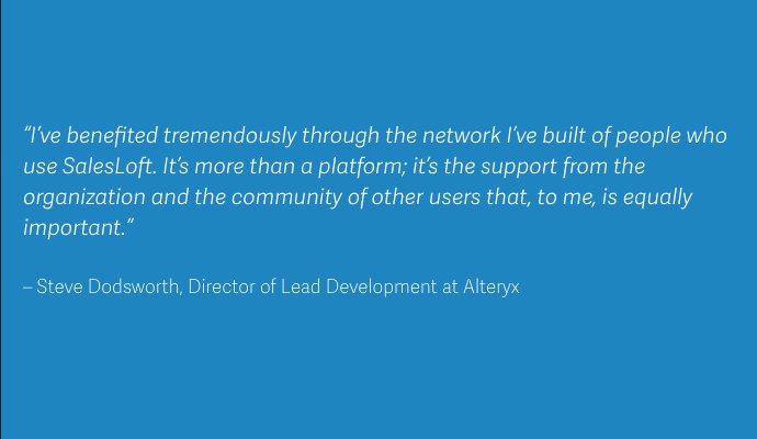 Salesloft's tweet image. Director of Lead Development at @Alteryx stakes his reputation on SalesLoft being the sales engagement platform to help his team drive pipeline and achieve growth.

See how @steve_dodsworth enabled his team's success by switching to the SalesLoft platform: Sal.es/Alteryx