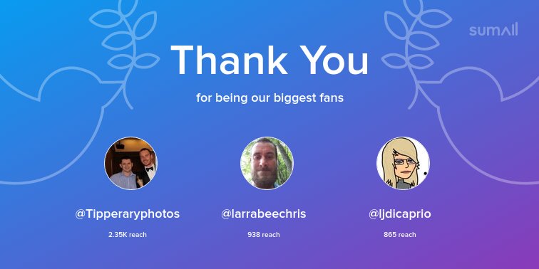 LisaKellyIRT's tweet photo. Our biggest fans this week: @Tipperaryphotos, @larrabeechris, @ljdicaprio. Thank you! via https://t.co/lC2qkNrv7o https://t.co/SybCEelYLg