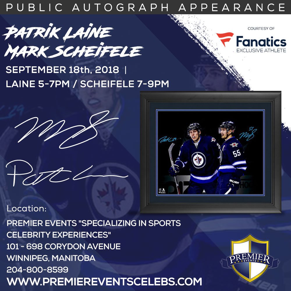 JUST IN: #FanaticsExclusive athletes @PatrikLaine29 & @markscheifele55 will be signing autographs in Winnipeg 🇨🇦 on Sept. 18 @PREM1ER_EVENTS. 📞 204-800-8599 for tix. #NHLJets