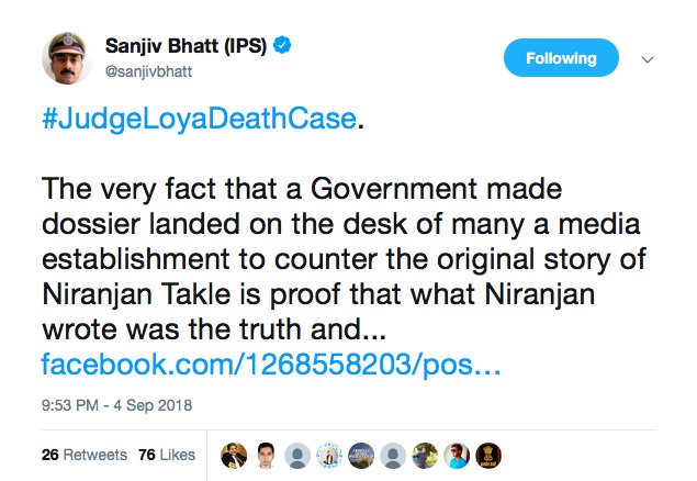 VinayDokania's tweet photo. The fact that Modi,Shah are rattled by an ordinary man like @sanjivbhatt who has just been speaking d truth against govt speaks volumes abt d cowardice & fragility of d ppl in power today.
Yesterday Bhatt posted abt #JudgeLoyaDeathCase and today he s arrested fr a 20 yr old case https://t.co/nMeIDRUgPs