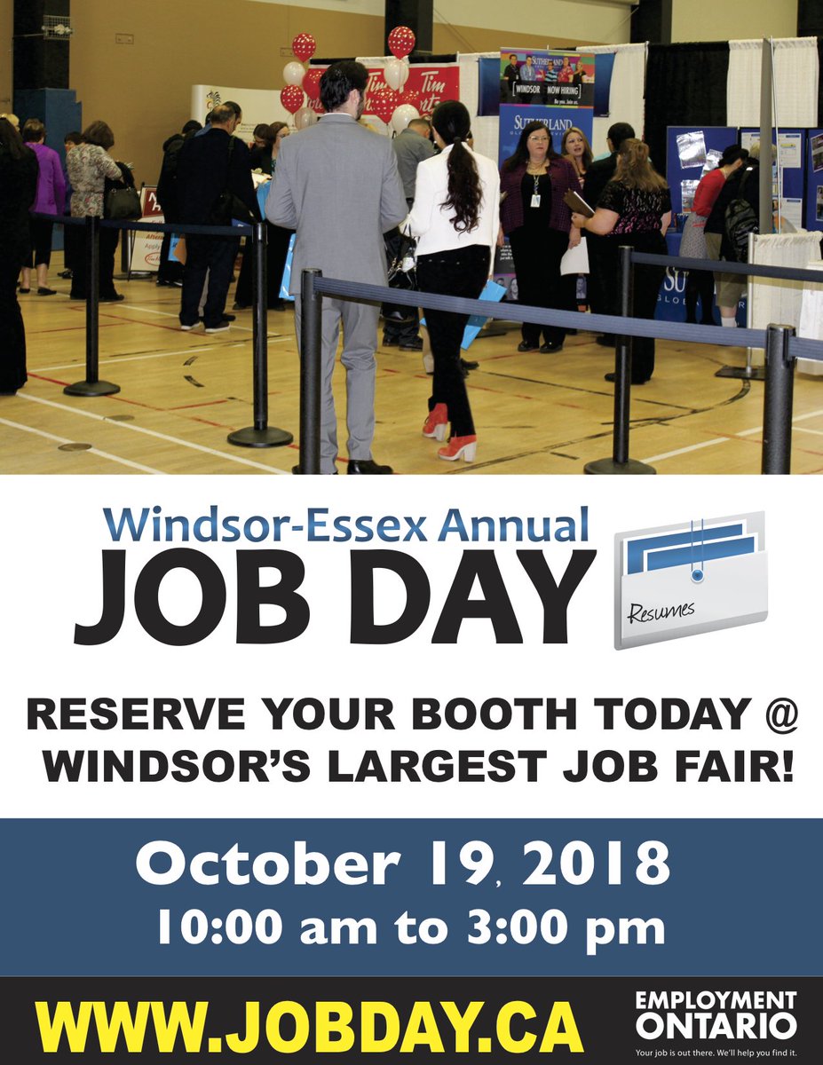 RESERVE YOUR BOOTH TODAY @ WINDSOR’S LARGEST JOB FAIR!
Coming up October 19, 2018 jobday.ca  <a href="/WE_JOBDAY/">Windsor-Essex JOBDAY</a>  #YQG #Windsor #RETWEEET #JobSeekersWednesday