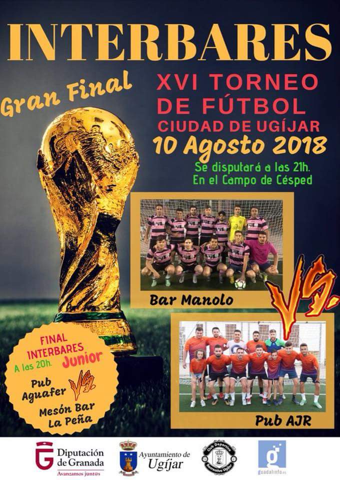 XVI INTERBARES CIUDAD DE UGÍJAR 2018
El pasado 10/08 en el #CampoDeCésped de #Ugíjar, se jugó la #GRANFINAL de #INTERBARES2018, donde se enfrentaron #PubAJR VS #BarManolo quien resultó ganador de esta 16 Edición.