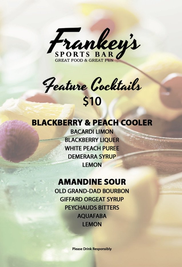 FrankeysBar's tweet photo. We mixed up some special cocktails for the month of September, just in time for the return of football season! #FrankeysBar https://t.co/MHDe9A96zF