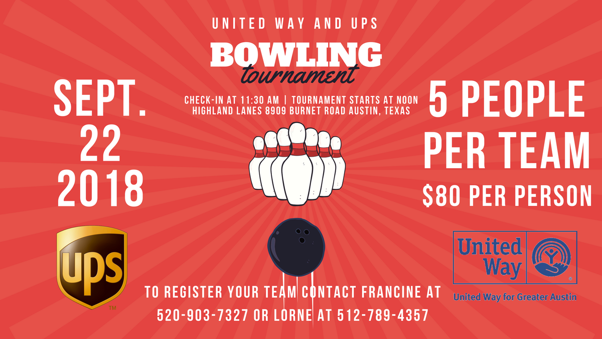 UnitedWayATX's tweet photo. SAVE THE DATE: @Capital_UPSers are hosting their 2018 Fundraiser Bowling Tournament benefiting United Way for Greater Austin on 9/22. **The entry donation includes food and drinks. Thank you UPS. https://t.co/HIDKuRzAZF