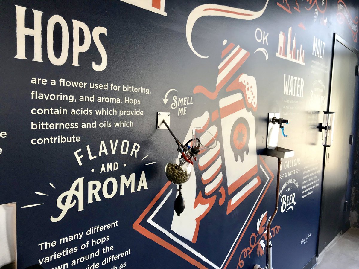 erikmhunter's tweet photo. Just finished up an interactive mural for my good friends @MarshallBrewing in my hometown of Tulsa, OK. The mural describes the 4 main ingredients in beer; Yeast, Hops, Water and Malt. You can walk up to the wall and smell fresh hops, see the malt and drink some fresh Tulsa water https://t.co/NpO5UvAKwn