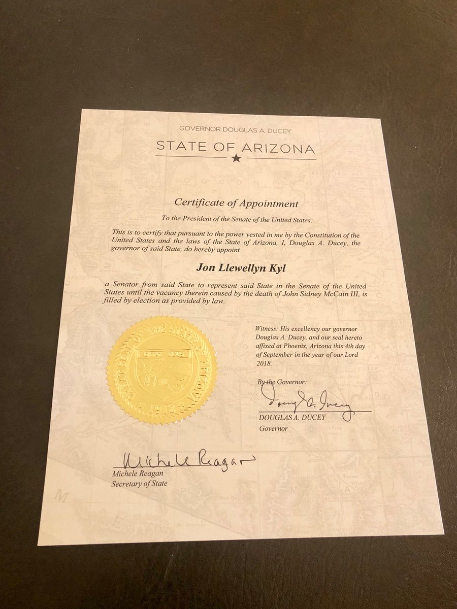 Doug Ducey On Twitter This Morning My Office Delivered The Official Certificate Of Appointment To The Secretary Of The United States Senate Senator Kyl Will Be Sworn In At 9 45 Am Today