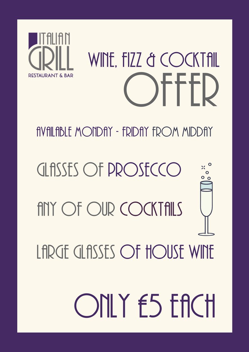 🥂 Our Fizz Friday offer is available Wednesday, Thursday and Friday! 🥂

Enjoy glasses of prosecco, wine and cocktails for only £5 each!

Available Wednesday - Friday from midday.