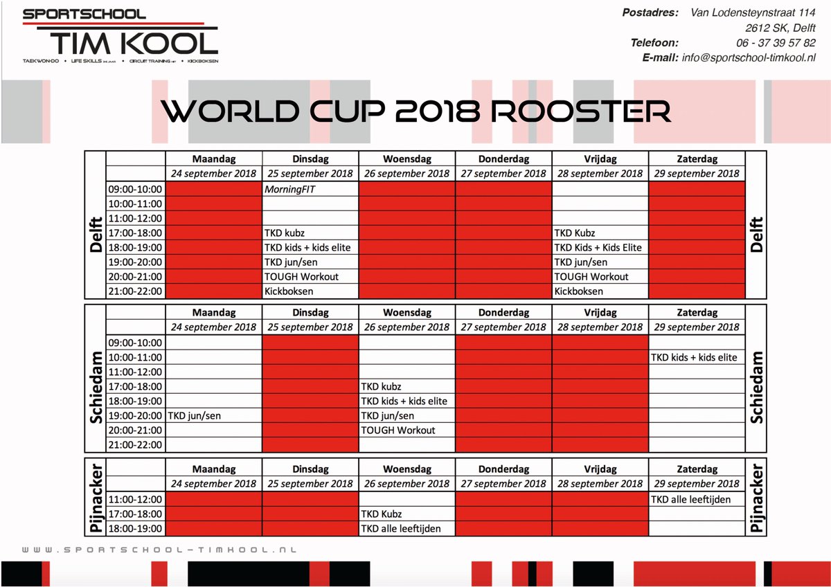 SS_TimKool's tweet image. In de week van maandag 24 september t/m Zaterdag 29 september zullen wij 1 week een speciaal “ World Cup rooster “ hanteren. Dit is een rooster die afwijkt van het reguliere rooster.  Klik op de link voor meer informatie:
sportschool-timkool.nl/aangepast-worl……/