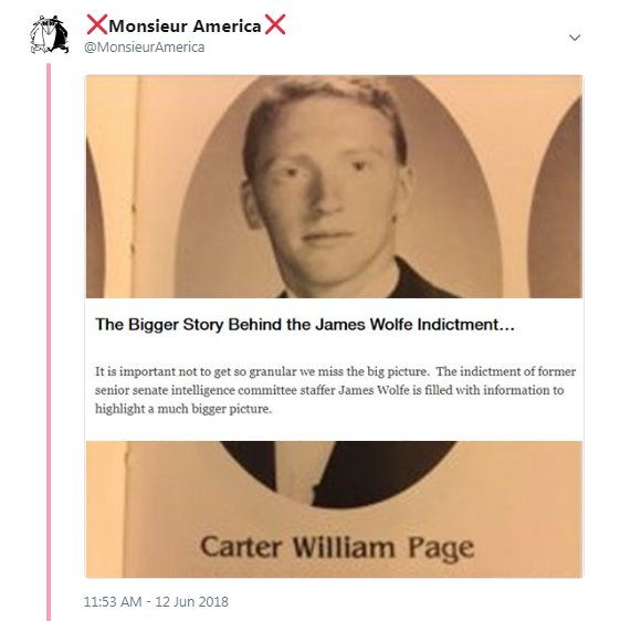 97) V of IX: Both Carter Page & Felix Sater’s identities are protected at great expense by the Federal government.  https://twitter.com/MonsieurAmerica/status/1006610465873543168 https://twitter.com/MonsieurAmerica/status/1037424615310553088