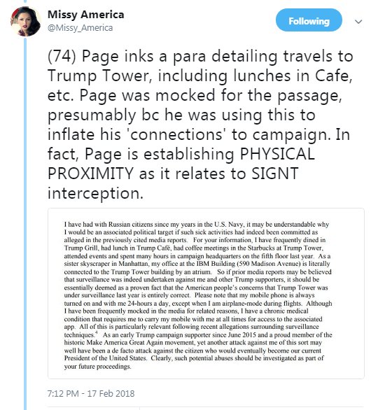 99) VII of IX: Both Carter Page & Felix Sater are rarified ‘associates’ of Trump whilst also maintaining direct physical operational proximity to Trump and Trump Tower. https://twitter.com/Missy_America/status/965061338815868928 http://www.abc.net.au/news/2018-06-04/felix-sater-long-time-business-partner-to-donald-trump/9815904