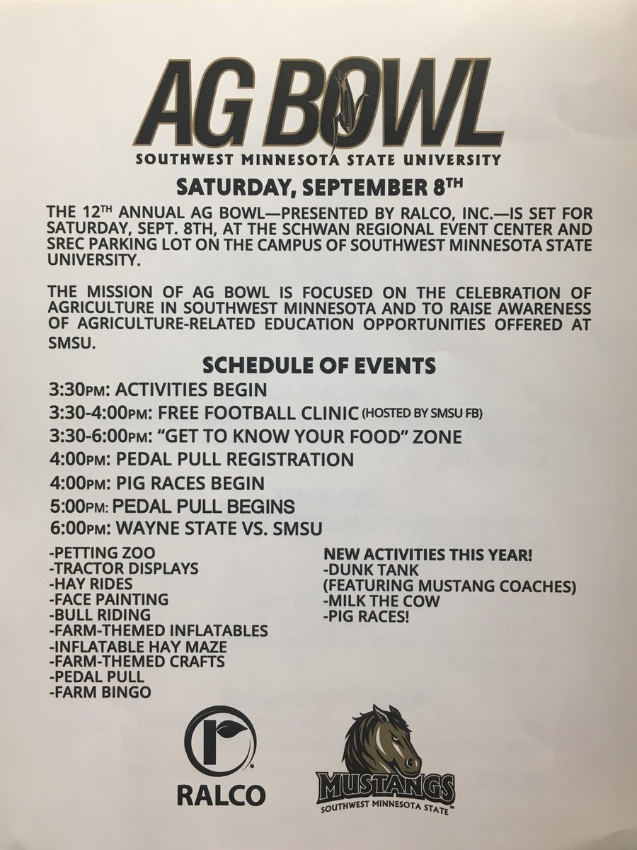 Hope to see everyone at Ag Bowl for SMSU's first home football game this Saturday, September 8th! There will be a special emphasis this year on "Get to Know Your Food." Any students interested in touring SMSU for the visit program can sign up here: smsu.edu/admission/smsu…