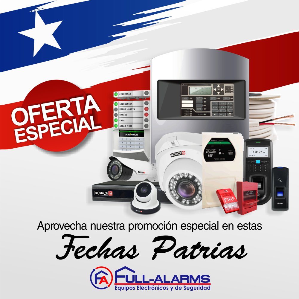 FullAlarms's tweet photo. Estamos totalmente contagiados con este mes patriótico y por eso te invitamos a conocer las mejores promociones en equipos de Seguridad Electrónica. ¡Ven y visítenos! #Chile #Santiago #SeguridadElectrónica #Seguridad #Protección https://t.co/RHKtTy3gUc