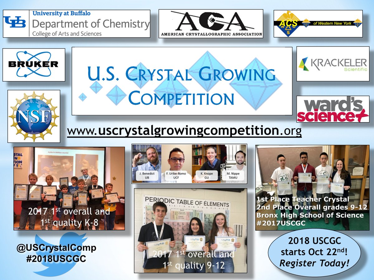 USCrystalComp's tweet photo. Please Retweet! Spread the word about the 5th annual US Crystal Growing Competition!!!
Know a kid? Love crystals? Know a kid who loves crystals? 
The #2018USCGC is just around the corner! The contest starts October 22nd!
Register today at:
https://t.co/9lCmyZx7ti
#RealTimeChem https://t.co/3g9Bc8uzFs