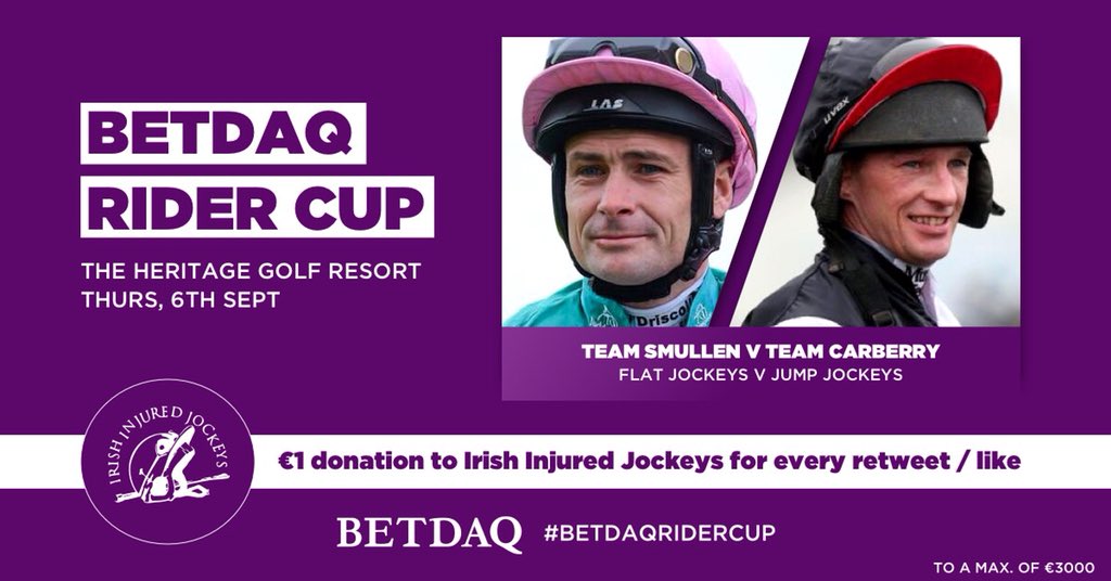🐎 Help the <a href="/InjuredJockeys/">IRISH INJURED JOCKEYS</a> 

📸 To mark the first ever BETDAQ Rider Cup we are going to donate €1 for every retweet / like on this tweet to the Irish Injured Jockeys! 🏆

Read more about the BETDAQ Rider Cup here 👉 bit.ly/BDQRiderCup