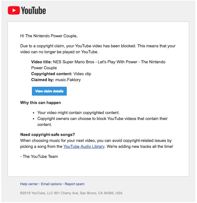 The Nintendo Power Couple on Twitter: "Hey @TeamYouTube/@YouTube, why did one of our older videos just get removed completely, cited as being "blocked in all countries due to a copyright claim",