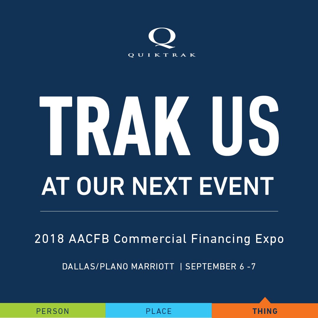 Quiktrak's tweet photo. We'll be in Dallas September 6 -7 for the American Association of Commercial Finance Brokers Commercial Financing Expo. Visit us at booth 105 at the Dallas/Plano Marriott! #aacfb2018 #quiktrak https://t.co/lvzAtnB5D6