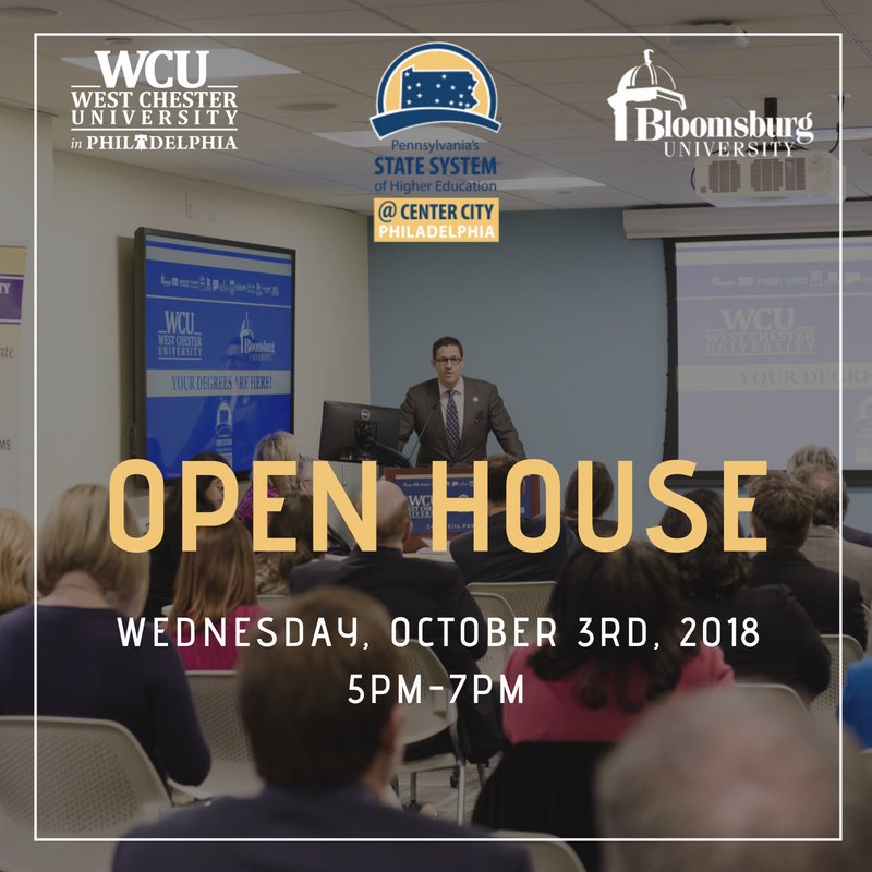 StateSystemPhil's tweet photo. The SS@CC Fall Open House is officially one month away!  Join us for refreshments and to learn more about our programs offered by @WCUPhilly and @BloomsburgU. Register now to let us know you're coming! https://t.co/IOqoP10DFS https://t.co/VgCyiqJYxZ