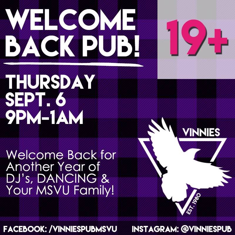 vinniespubmsvu's tweet photo. WELCOME BACK PUB

We are officially back with our annual Welcome Back Pub, the only 19+ Pub night of the year. Reconnect with your MSVU friends this Thursday, Sept. 6th from 9pm to 1am.Start the year off right and #MakeItAVinniesNight

#NewToMSVU #OWeek2018 https://t.co/69y3L5Jj5I