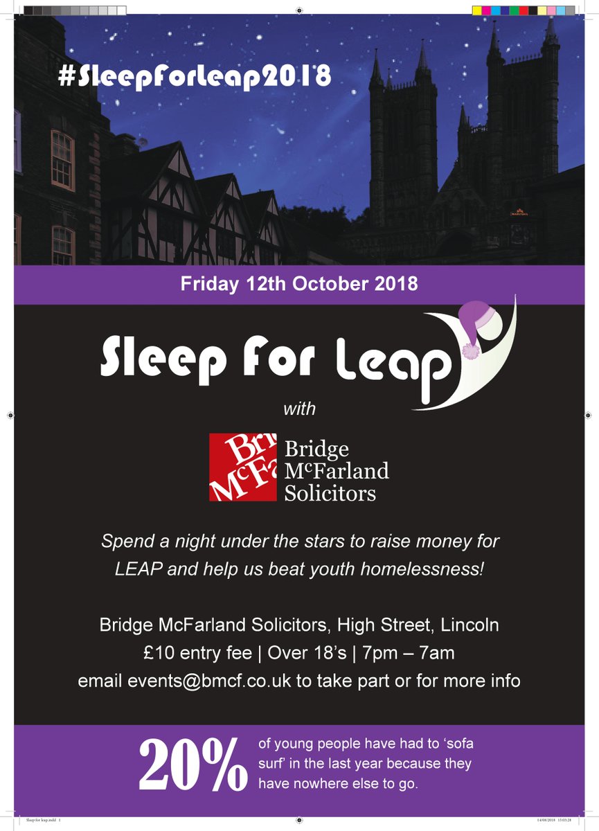 LEAP in partnership with @BridgeMcFarland are very excited to announce that we are doing a sleep out to raise funds for the vulnerable 16-25 years olds we work with! On the 12th-13th October! Get involved and buy tickets here! tickettailor.com/events/bridgem… #SleepForLEAP2018