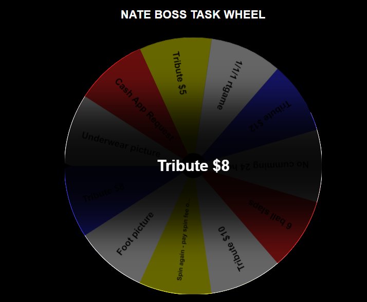 NateBoss25's tweet photo. Try your luck at my task wheel - $3 per spin - today only. 

#CashMaster #Wheeldecide #cashslave #Cashpig #paypig #findom #Alpha https://t.co/8afSBaA4bS
