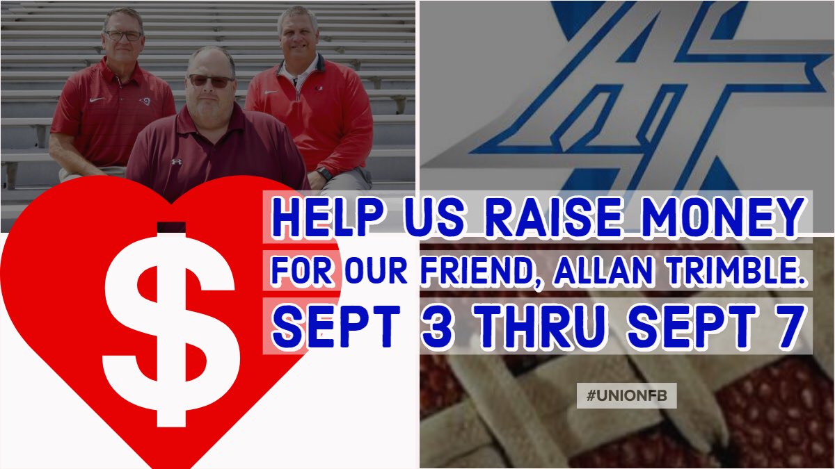 UnionFootball's tweet image. ICYMI: Callling the #2018GridironClassic teams to help us raise funds for our friend @coachtrim55's #TrimbleStrong Foundation, Sept 3-7. Visit unionredskinsfootball.com/trimblefundrai… to donate today! @BvilleFB @OwassoRamFB @WHSJagsFootball @HarBerFootball @edmondwolves #OneFamily