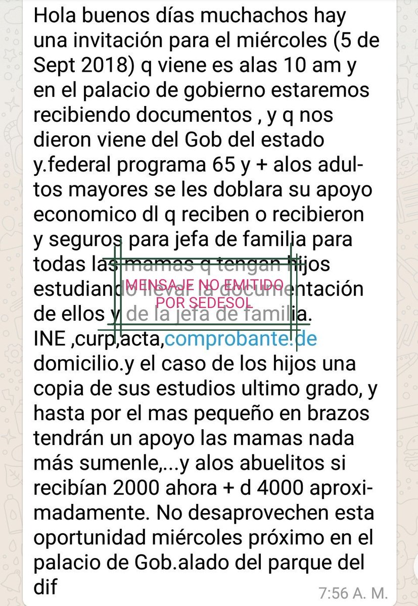 🔴⚠️ A V I S O a toda la comunidad: en #Cancun circula un mensaje vía WhatsApp en el que se convoca a adultos mayores y madres de familia a presentar documentos para recibir apoyos económicos. Este mensaje NO es emitido por #Sedesol por seguridad tomen sus precauciones