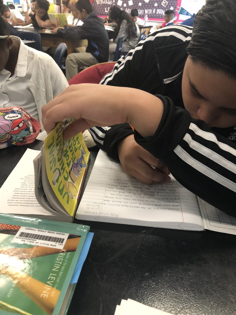 drbarbteaches's tweet photo. A book in one hand and a pencil in the other!  Using reading response journals to predict, visualize and summarize today. And of course, looking back in the text for support when needed! #lovetoreadhere @COBB_ELA @cmsspartans1 https://t.co/bLUzATsKIp
