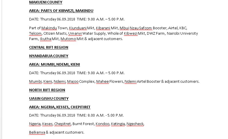 KenyaPower_Care's tweet photo. The listed areas are scheduled for maintenance on 06/09/2018 ^EF https://t.co/AbKNqdZ1fi