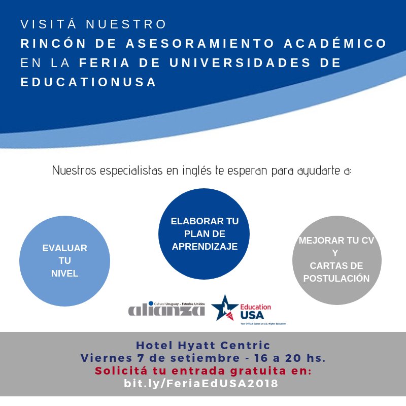 alianzaeduuy's tweet photo. Participá de la Feria de Universidades de @educationusauy y visitá nuestro #AcademicCorner. Nuestros especialistas en inglés te esperan para asesorarte y demostrar que #SaberInglés #CuestaMenosDeLoQuePensás. Inscribite gratis a la feria: https://t.co/iyfyUJmVAz https://t.co/11rbY6vaYR