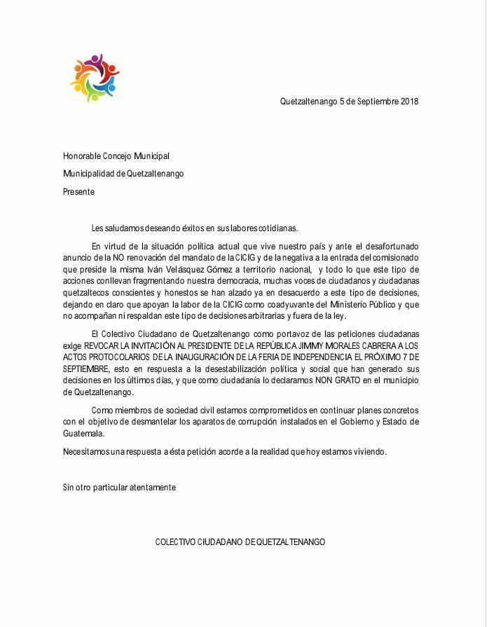 Colectivo ciudadano de Quetzaltenango exige revocar la invitación al Presidente Jimmy Morales a la inauguración de la feria de Independencia y lo declaran no grato, tras su negativa de no renovar el mandato de #EUCICIG e impedir el ingreso del Comisionado Velásquez. #EUJimmyCICIG