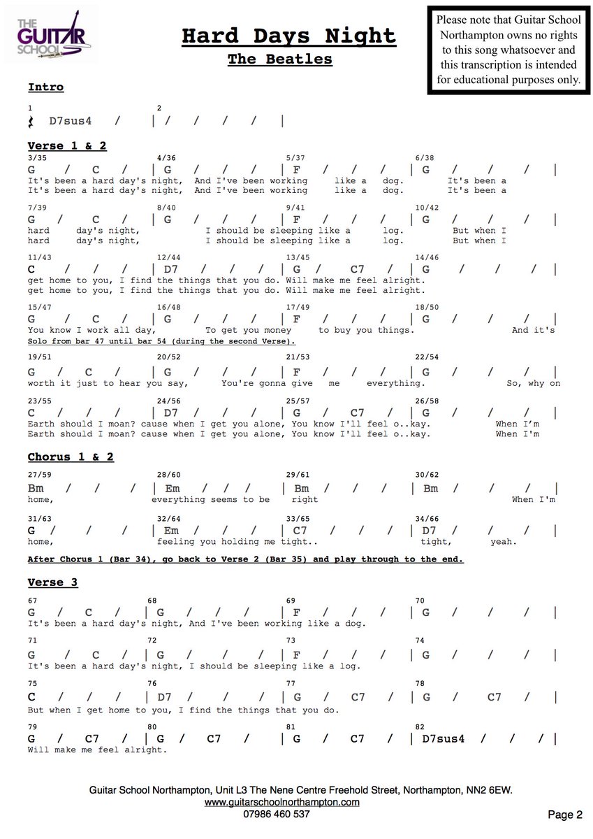 GSN_07986460537's tweet photo. Todays midweek song is 'Hard Days Night' by The Beatles. Chord diagrams, rhythms, strumming patterns and lyrics. If you get stuck feel free to ask any questions, or give us a call to book in for a free half our starter lesson. PDF's available. Have fun! https://t.co/XJ9Q5e4zCz