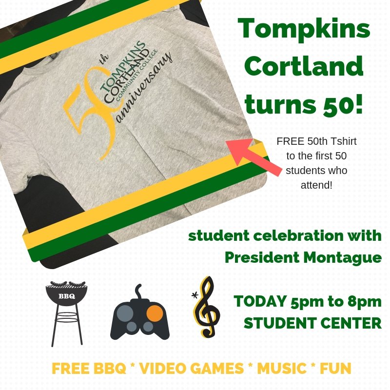 THE CELEBRATION CONTINUES! <a href="/TC3_official/">Tompkins Cortland CC</a> is celebrating 50 years! Join us for a party in the Student Center from 5pm to 8pm - FREE BBQ - FREE 50th TSHIRTS - COME PARTY WITH @DrO_TC3 ! #tc3turns50