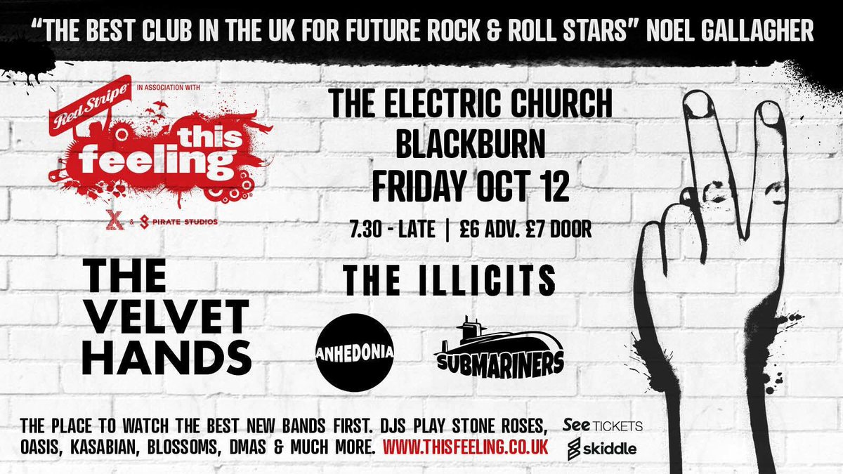 We can’t wait to play <a href="/ECClubBlackburn/">ElectricChurchClub</a> October 12th opening for <a href="/thevelvethands1/">The Velvet Hands</a> for <a href="/This_Feeling/">This Feeling</a> in association with <a href="/redstripeuk/">Red Stripe UK</a> <a href="/RadioX/">Radio X</a> and @PirateStudiosUK