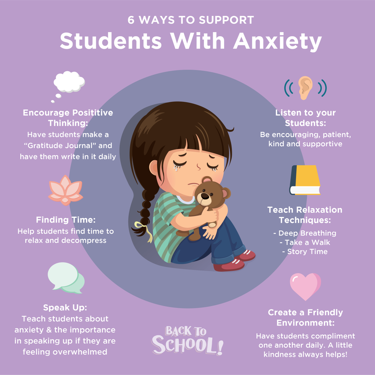 humanus's tweet photo. Starting off our Back to School Tips with some ways to help support students with anxiety. We think these tips are beneficial to creating a safe, positive and happy work environment for all students! #BacktoSchool #Humanus https://t.co/gecf8B5BSQ