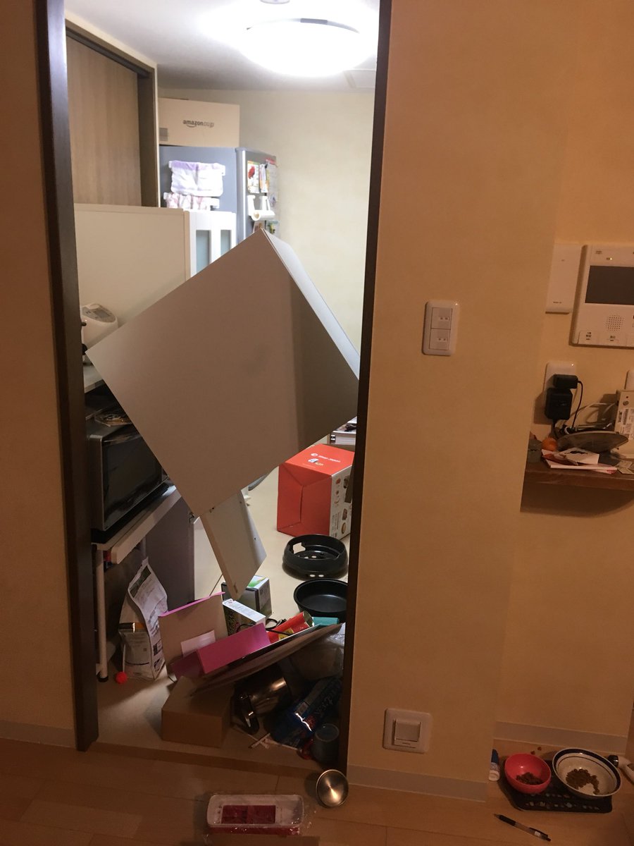 強烈な揺れで飛び起きたらテレビがひっくりかえってて、あらゆる窓とか戸棚が開いてて物が散乱してた！現在停電中