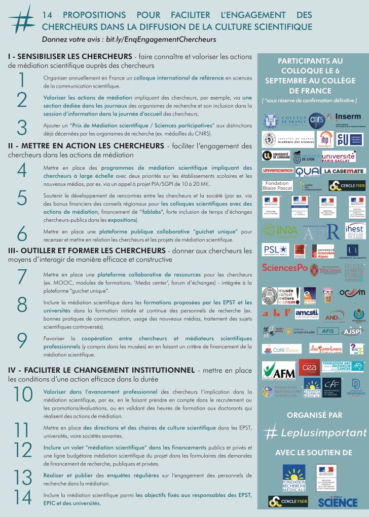 14 propositions concrètes pour soutenir l’engagement des chercheurs dans la promotion de la démarche scientifique, travaillées demain par des acteurs clé du monde de la #science et de l’#éducation
#ChercheursAmbassadeurs
