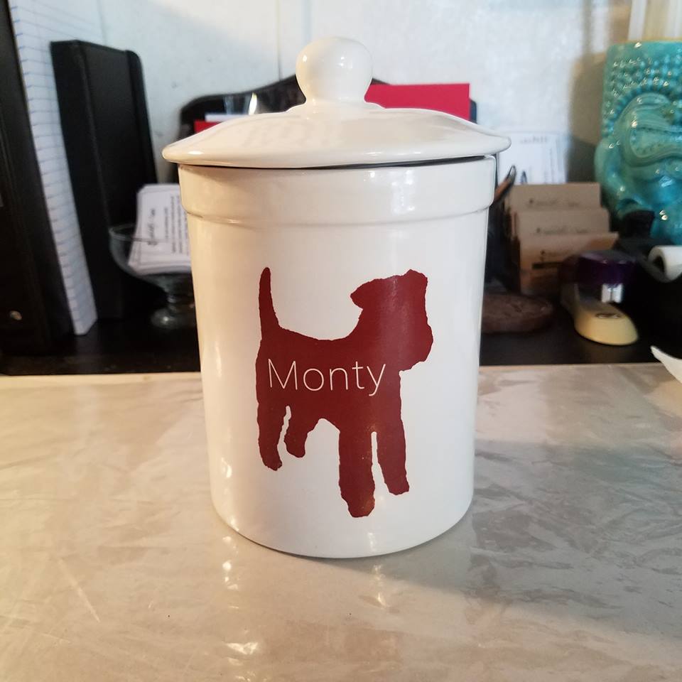 one of our recent Donations to ATRA’s Dog & Pony Show Auction Custom Pet Treat Jar. #dog #terrier #pettreatjar #treatjar #aphroditescanvas #rescuedog #dogtreatjar #customdogpetdish