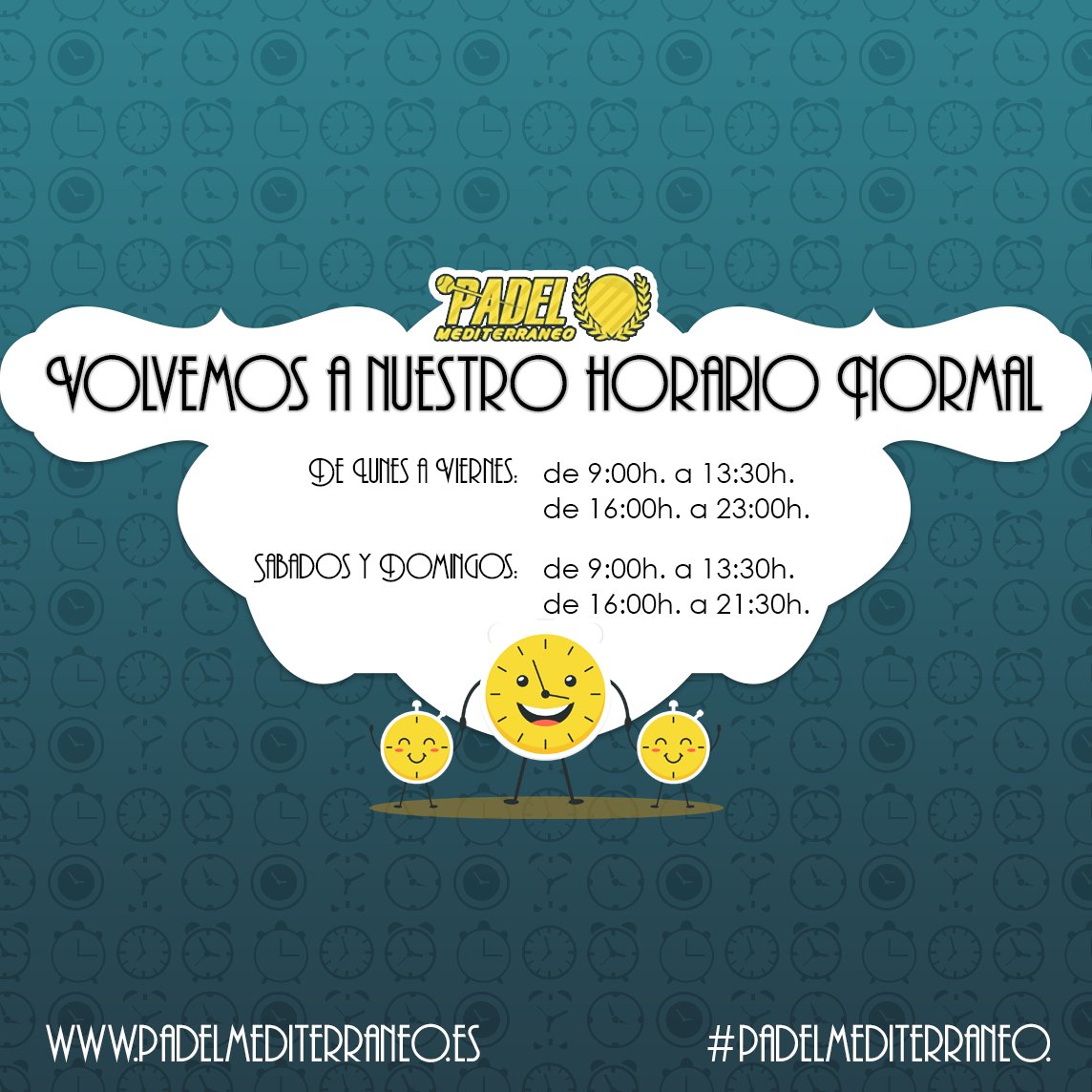 ¡Volvemos a nuestro horario normal! de Lunes a viernes de 9:00h. a 13:30h. y de 16:00h. a 23:00h. y los sábados y domingos de 9:00h. a 13:30h. y de 16:00h. a 21:30h.
¡¡Reserva ya!!
#padel #padelmediterraneo #almeria #horario #club