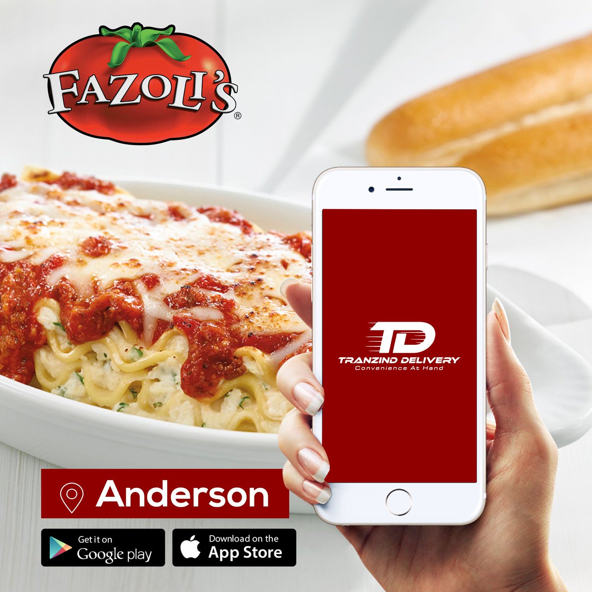 Tranzind's tweet photo. Try something amazing everyday😋! Order now on the Tranzind app one of Fazoli’s great dishes 🍝.

Available to the Anderson area. 
#Tranzindapp #Tranzinddeliveries #Fazolis #pasta #lasagne #italianfood #foodporn #delicious #Anderson #appstore #playstore https://t.co/1Lm4hAOe5L