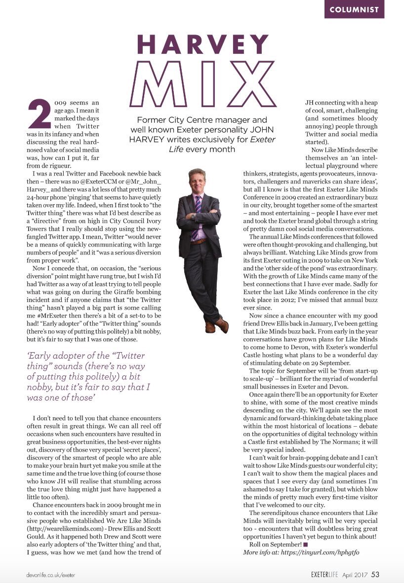 Mr_John_Harvey_'s tweet photo. It's nearly time for @WeAreLikeMinds #Exeter 2018 my @Devon_Hour friends - ticket details here 👇🏼
https://t.co/hIgAiNuhxL
Here's what I wrote about the brilliant #LikeMinds in my @ExeterLifemag column back in April 2017...
https://t.co/hxjJVpZaFG
#DevonHour https://t.co/hPyEl1jHiY