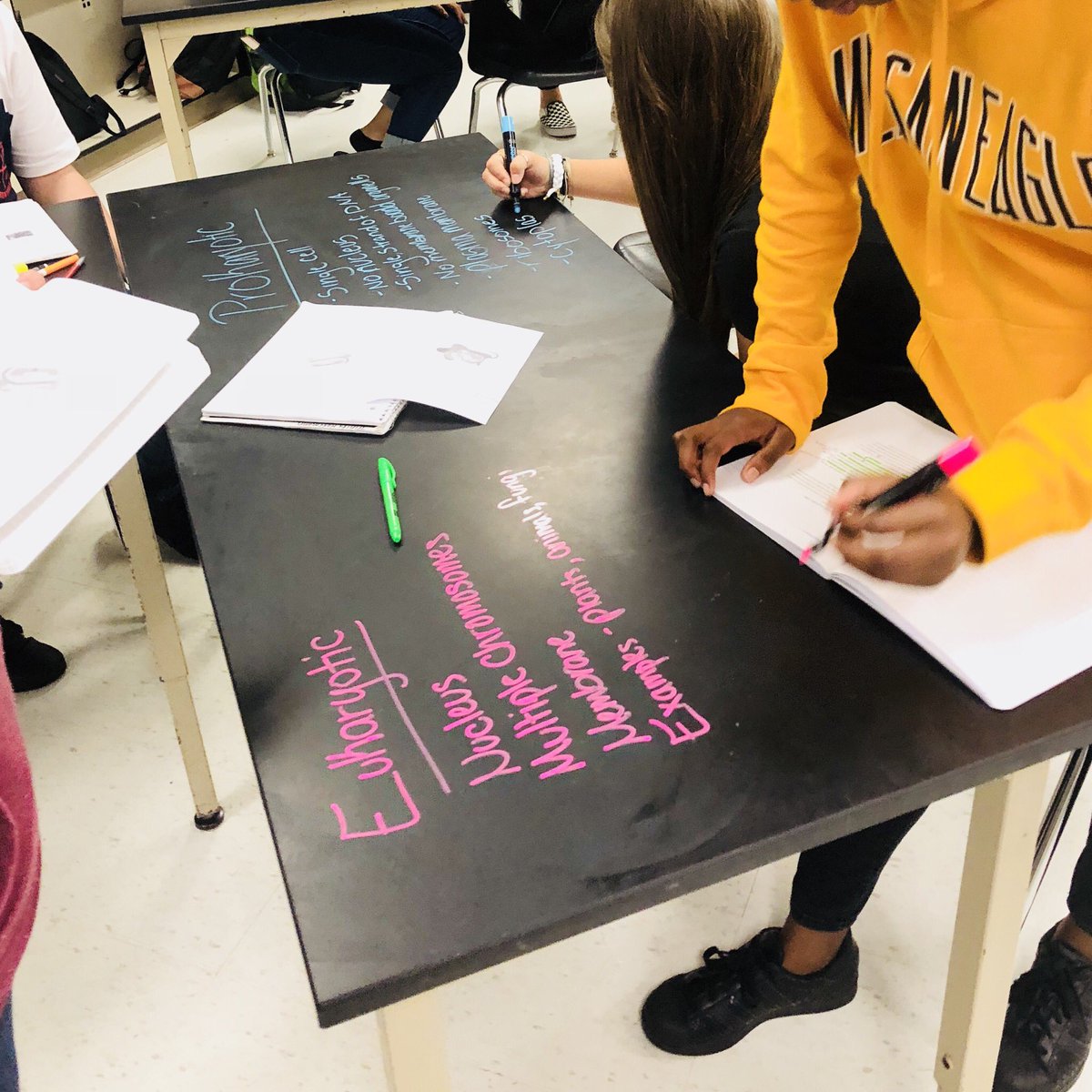 mandacarlson's tweet image. East River Bio students putting their Close Read skills to work! Tables on tables to show defining characteristics of prokaryotic and eukaryotic cells!! @ExpoMarkers We love these neon window markers SO much!! 
#ERHS #OCPSReads #OCPSScience #literacy #biology #GoFalcons