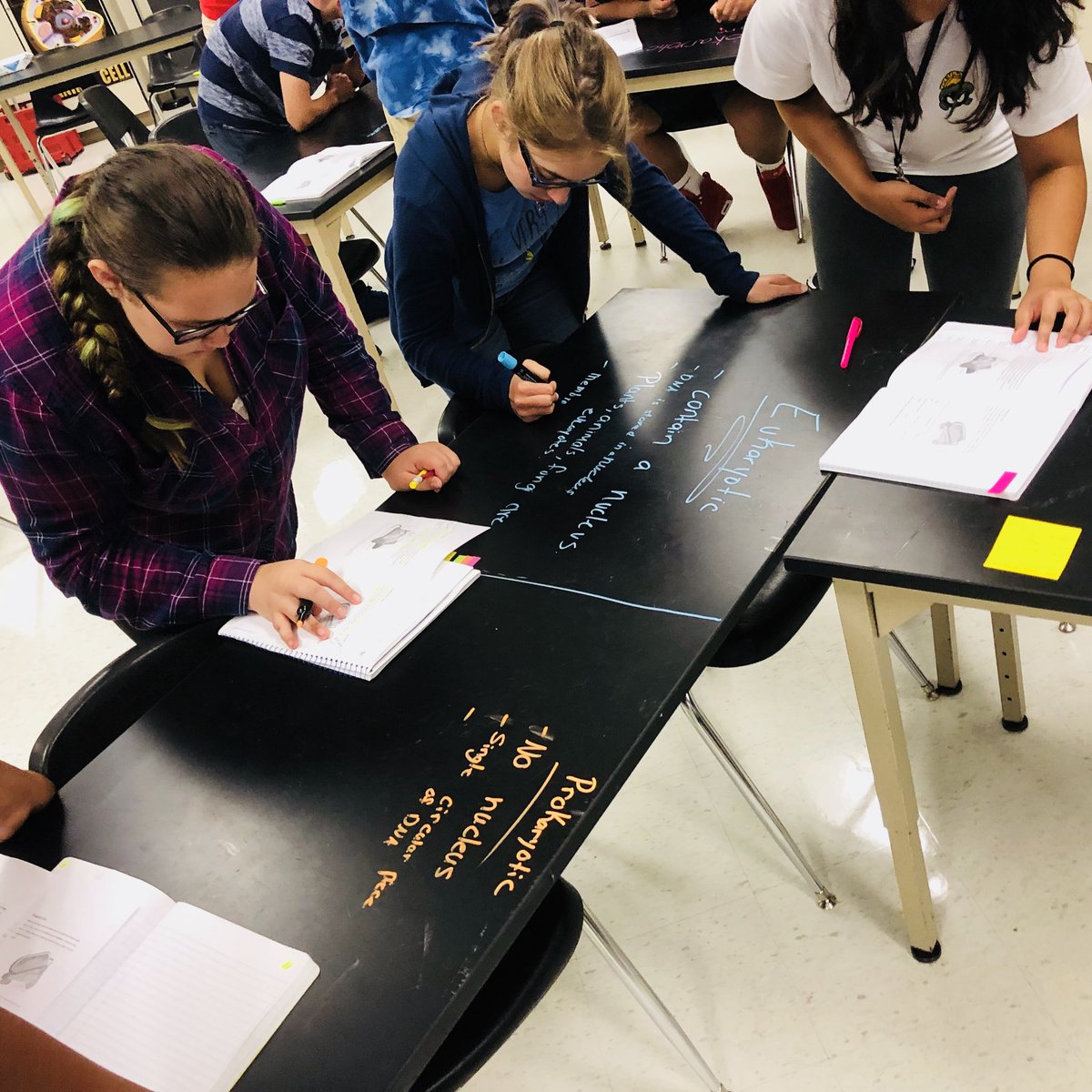 mandacarlson's tweet image. East River Bio students putting their Close Read skills to work! Tables on tables to show defining characteristics of prokaryotic and eukaryotic cells!! @ExpoMarkers We love these neon window markers SO much!! 
#ERHS #OCPSReads #OCPSScience #literacy #biology #GoFalcons