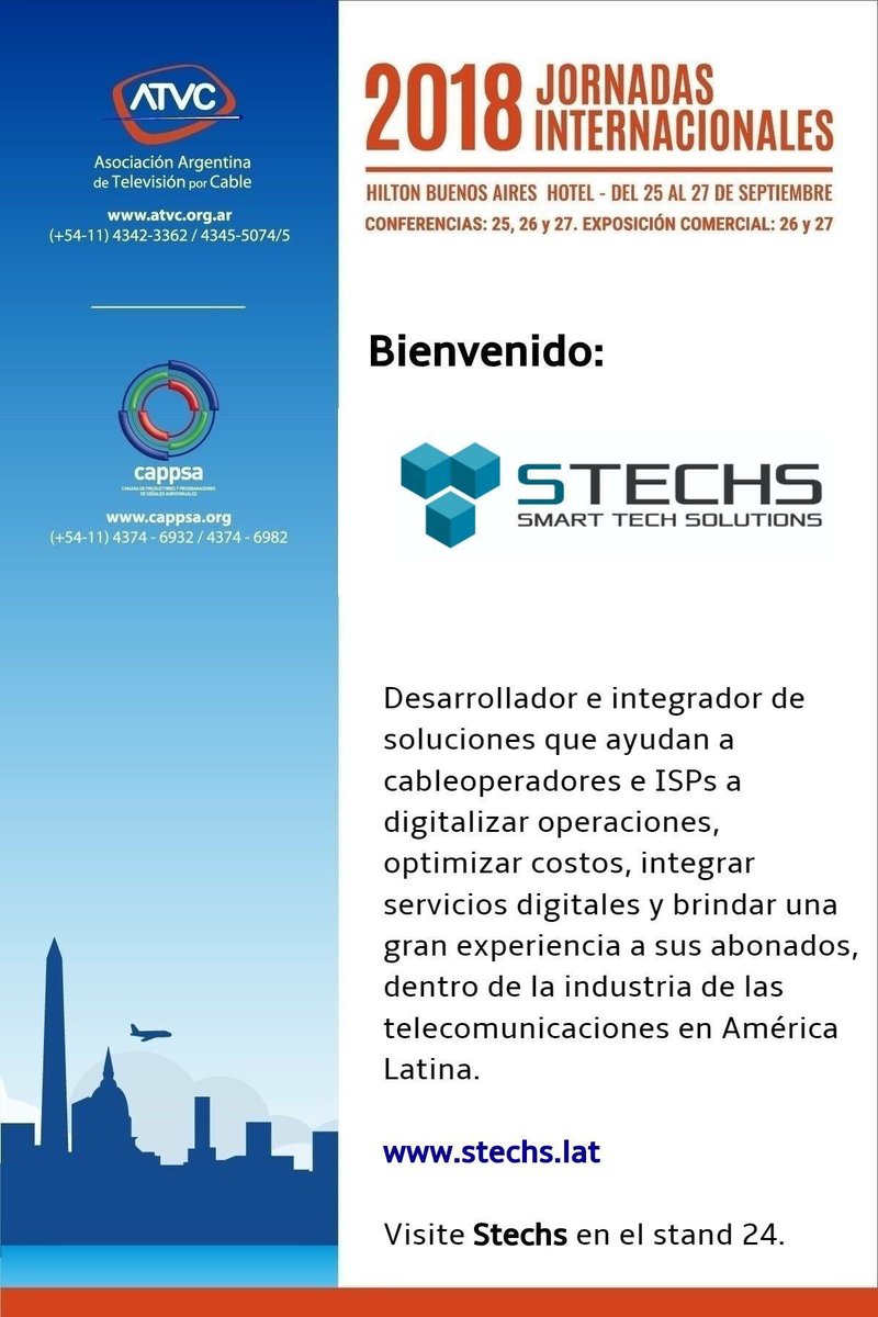 CAPPSA_ok's tweet photo. Bienvenido #stechs a #JORNADASTV #jornadasinternacionales
Los días 26 y 27 de septiembre, presentará todas sus novedades en el stand 24 de la exposición comercial que se desarrollará en el @HiltonBA
Todas las novedades de Jornadas en: https://t.co/muPILezaSp
IG/TW @cappsa_ok https://t.co/QPLSK3414H