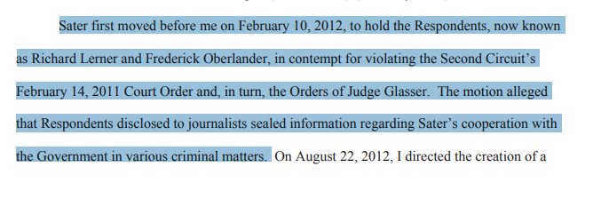 73) With the secrecy order upheld by the appellate courts, Sater moved the special master Judge for contempt sanctions in 2012. https://www.gpo.gov/fdsys/pkg/USCOURTS-nyed-1_16-mc-00706/pdf/USCOURTS-nyed-1_16-mc-00706-0.pdf