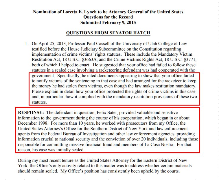 80) Despite gov efforts to keep a legal lid on its relations w/Sater, by Feb 2015 the disclosures and efforts by 2 attorneys had breached the media at large & reached the Senate.  https://www.judiciary.senate.gov/imo/media/doc/Lynch%20QFR%202-9-15.pdf (p. 142)