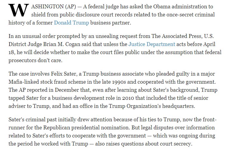 81) In mid 2015 Trump announced his bid for the presidency. Media interest into any and all Trump associates motivated the AP and various other parties to aggressively file for unsealing of Sater’s prior secret conviction. http://www.sandiegouniontribune.com/sdut-judge-wants-us-to-protect-trump-associates-secret-2016mar21-story.html#