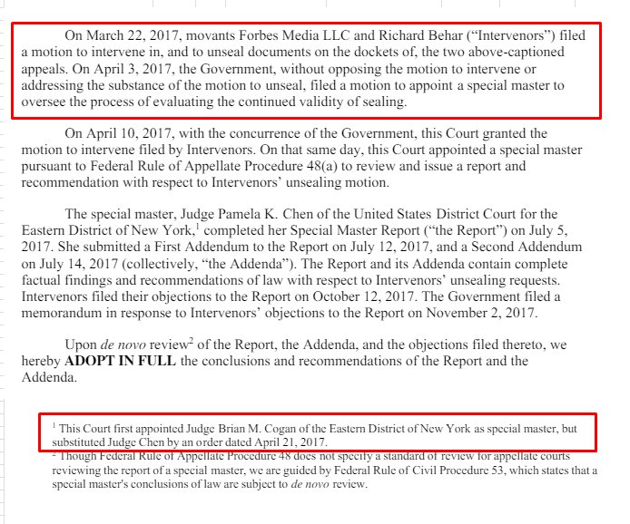 83) Frothing media interest in 2017 would eventually cause the original Special Master to recuse/appoint another, who would eventually rule in favor or unsealing several documents on 2/10/18. https://www.scribd.com/document/371220107/Felix-Sater-Criminal-Docket-Trump-SoHo-Unsealing-Order-10-2905#from_embed https://washingtonpress.com/2018/02/10/federal-court-just-unsealed-trumps-20-year-old-dirty-secrets/