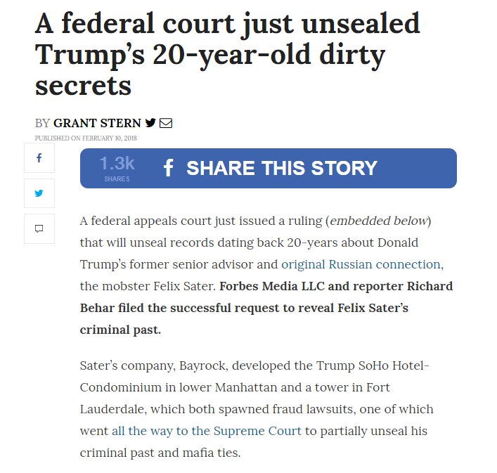 83) Frothing media interest in 2017 would eventually cause the original Special Master to recuse/appoint another, who would eventually rule in favor or unsealing several documents on 2/10/18. https://www.scribd.com/document/371220107/Felix-Sater-Criminal-Docket-Trump-SoHo-Unsealing-Order-10-2905#from_embed https://washingtonpress.com/2018/02/10/federal-court-just-unsealed-trumps-20-year-old-dirty-secrets/